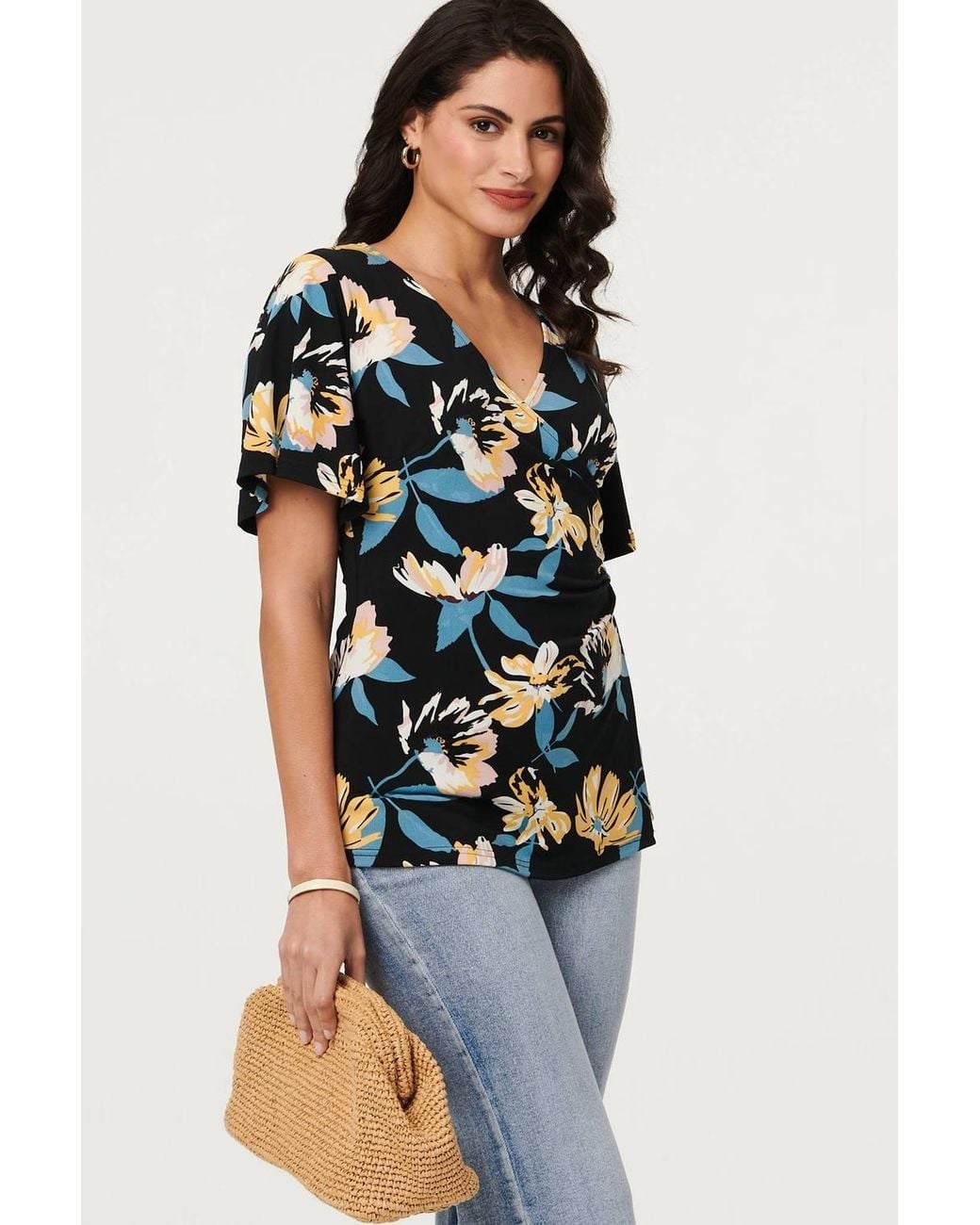 Izabel London Blue Floral Short Angel Sleeve Wrap Front Top