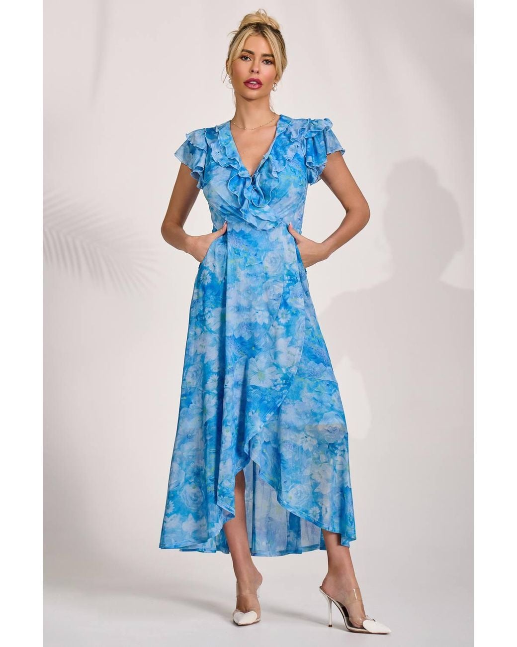 Jolie Moi Blue Ruffled Mesh Maxi Dress