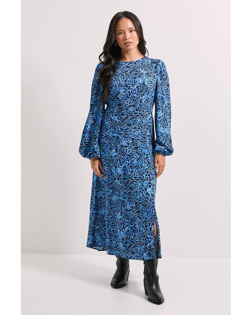 Dorothy Perkins Blue Empire Floral Seam Split Detail Printed Midi Dress