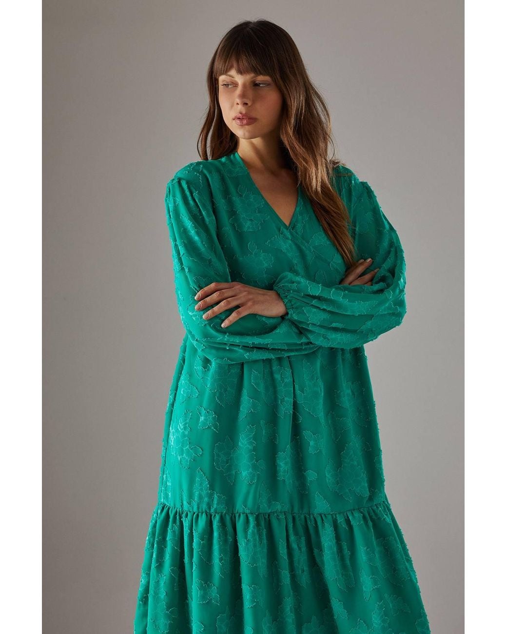 Warehouse Green Burnout Chiffon Wrap Smock Midi Dress