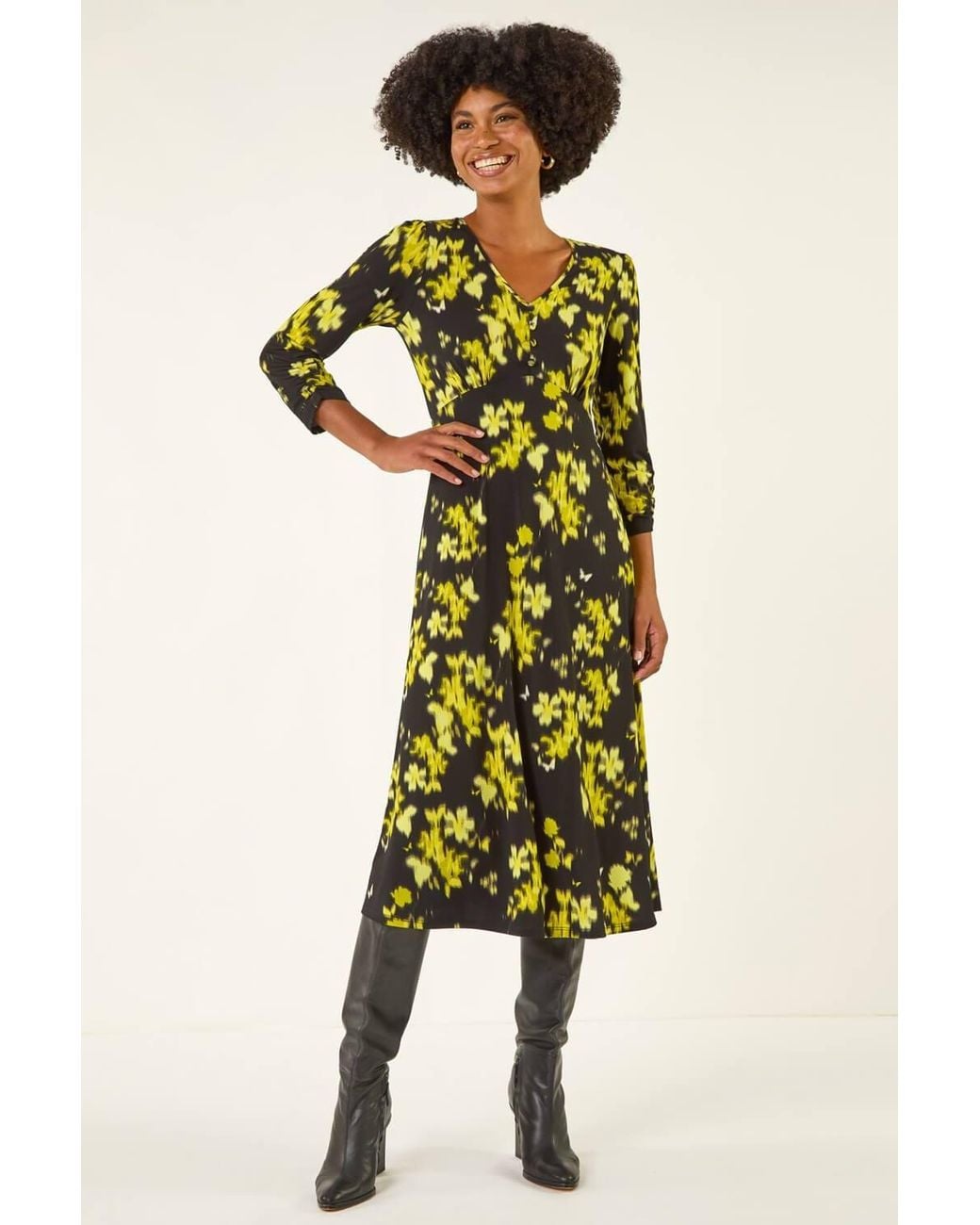 Roman Multicolor Floral Print Button Midi Dress