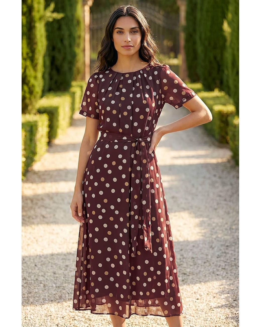 Roman Brown Polka Dot Pleat Neck Midi Dress