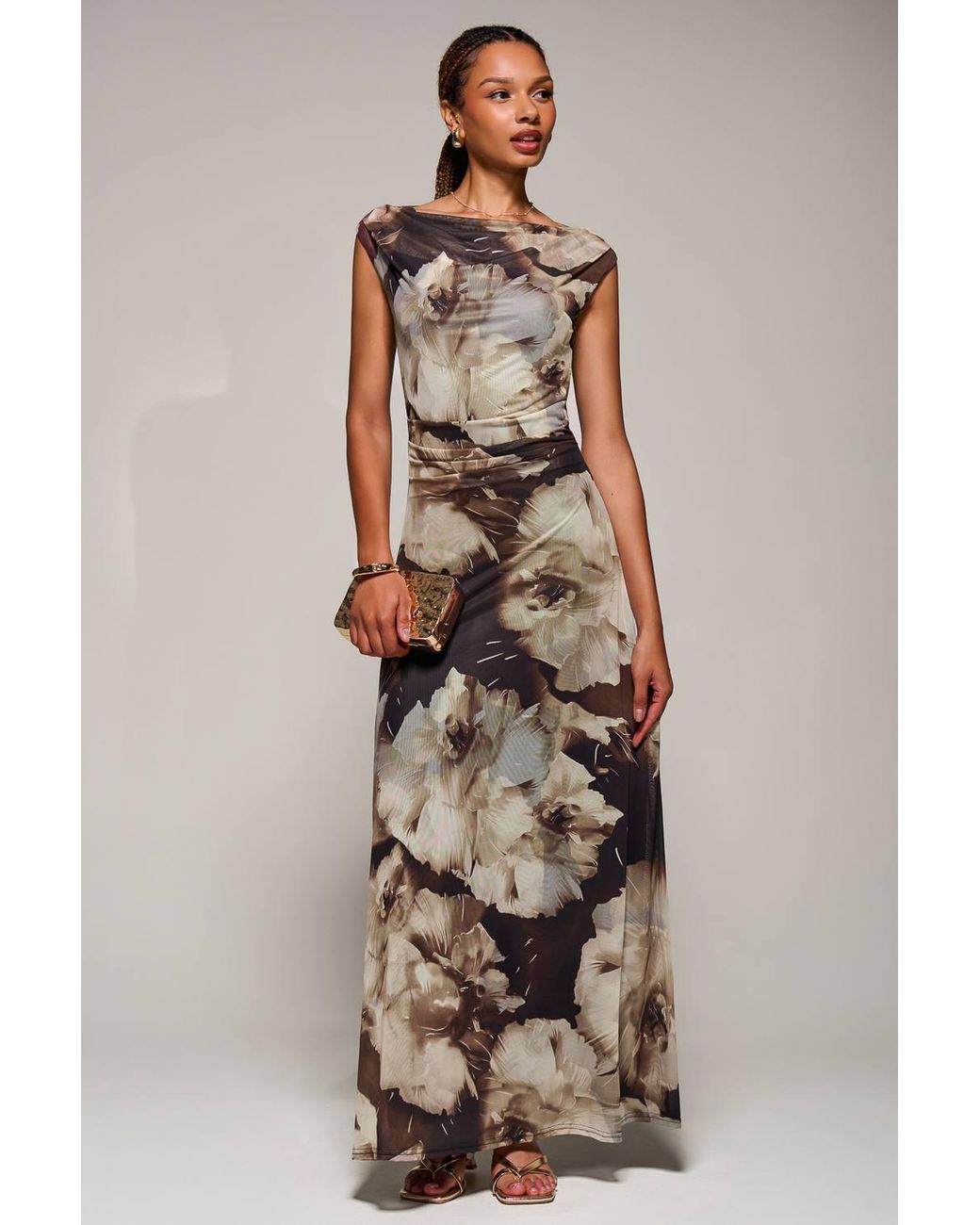 Jolie Moi Brown Multiway Neckline Mesh Maxi Dress