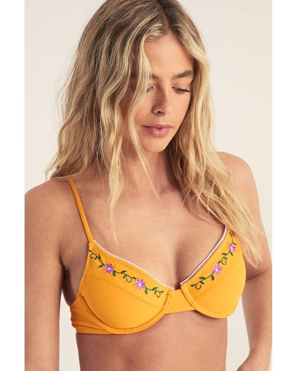Nasty Gal Orange Floral Embroidered Picot Trim Triangle Bikini Set