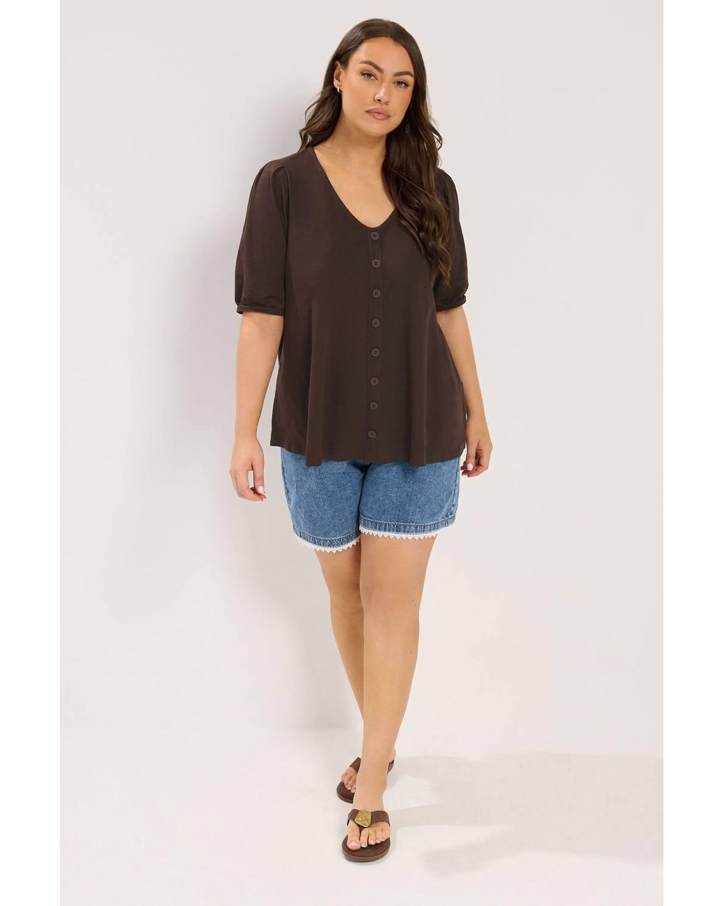 Yours Black Button Front Puff Sleeve Top