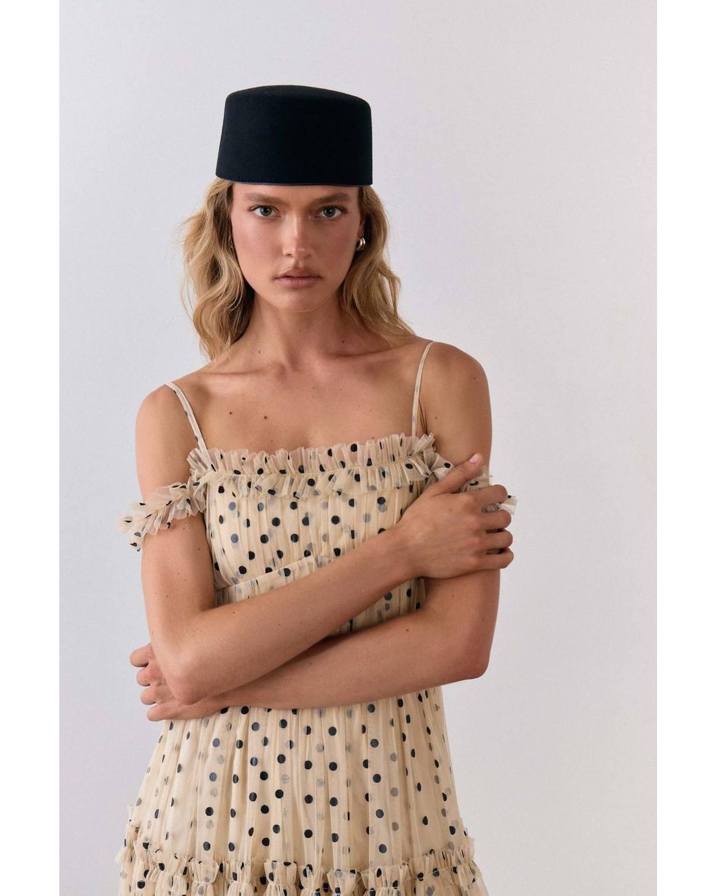 Warehouse Natural Bardot Gathered Seam Detail Tulle Maxi Dress