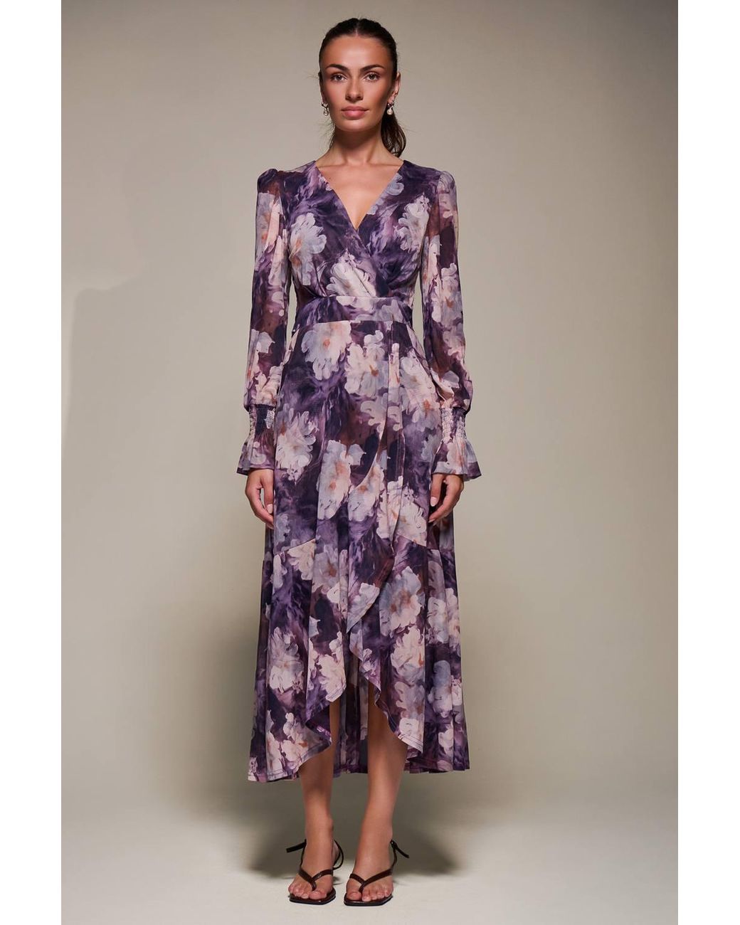 Jolie Moi Purple Ruffle Cuffed Sleeve Frill Mesh Maxi Dress