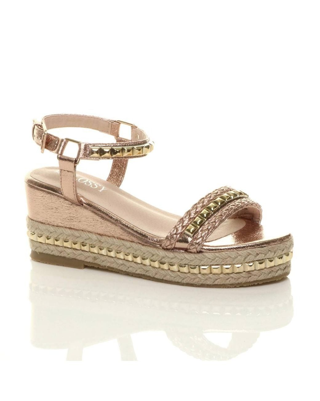 AJVANI Metallic Mid Wedge Heel Studded Flatform Sandals Espadrilles