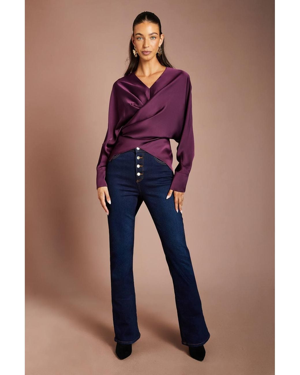 Coast Purple V Neck Satin Wrap Waist Top