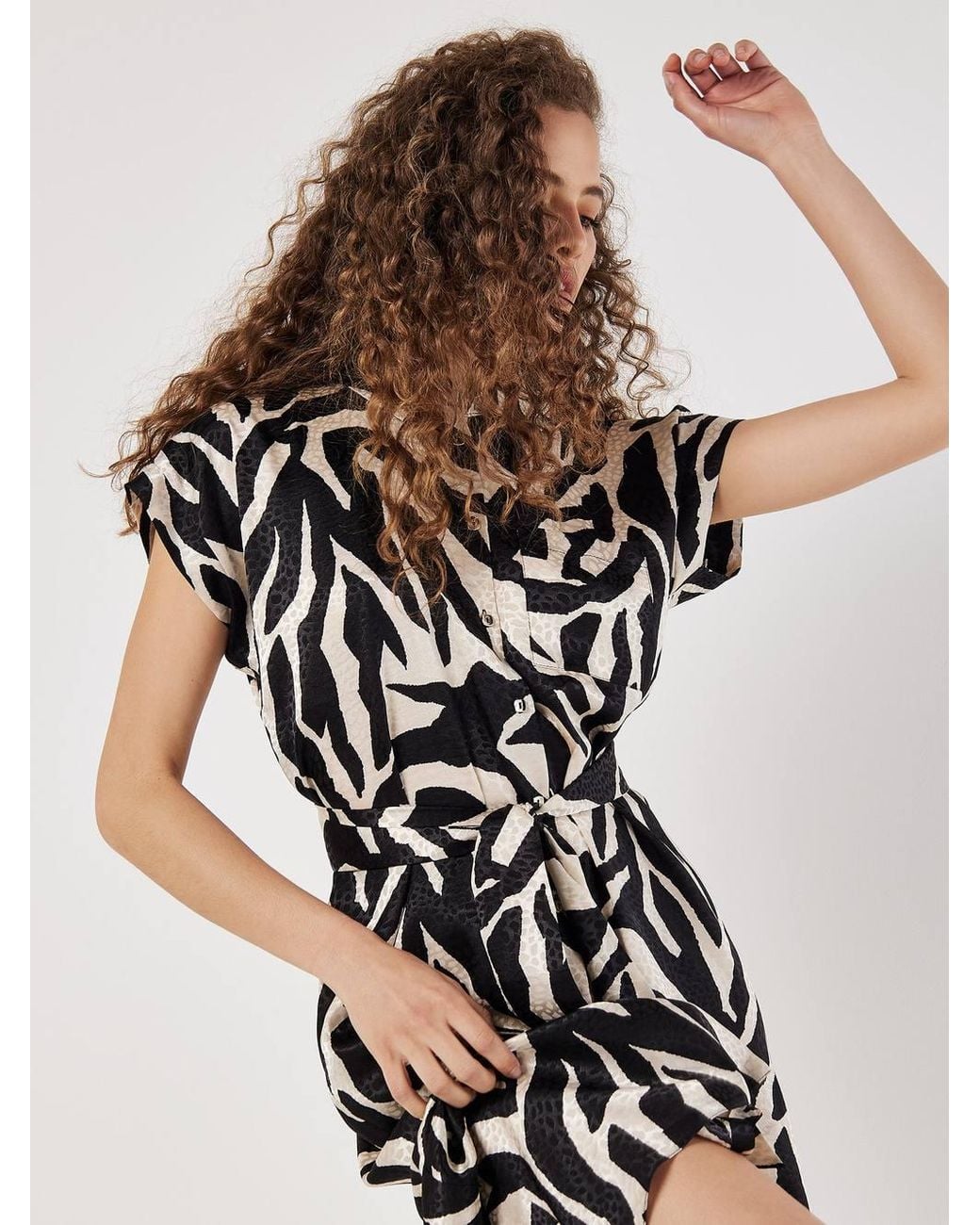 Apricot White Textured Satin Zebra Print Midi Dress