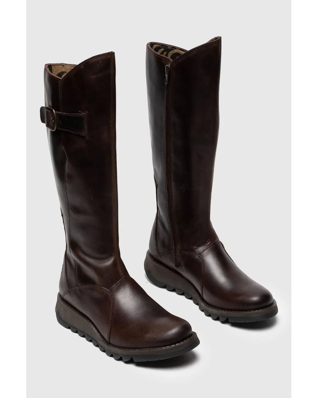 Infinity Leather Black Fly London Mol 2 Leather Wedge Heel Knee High Zip-Up Boots