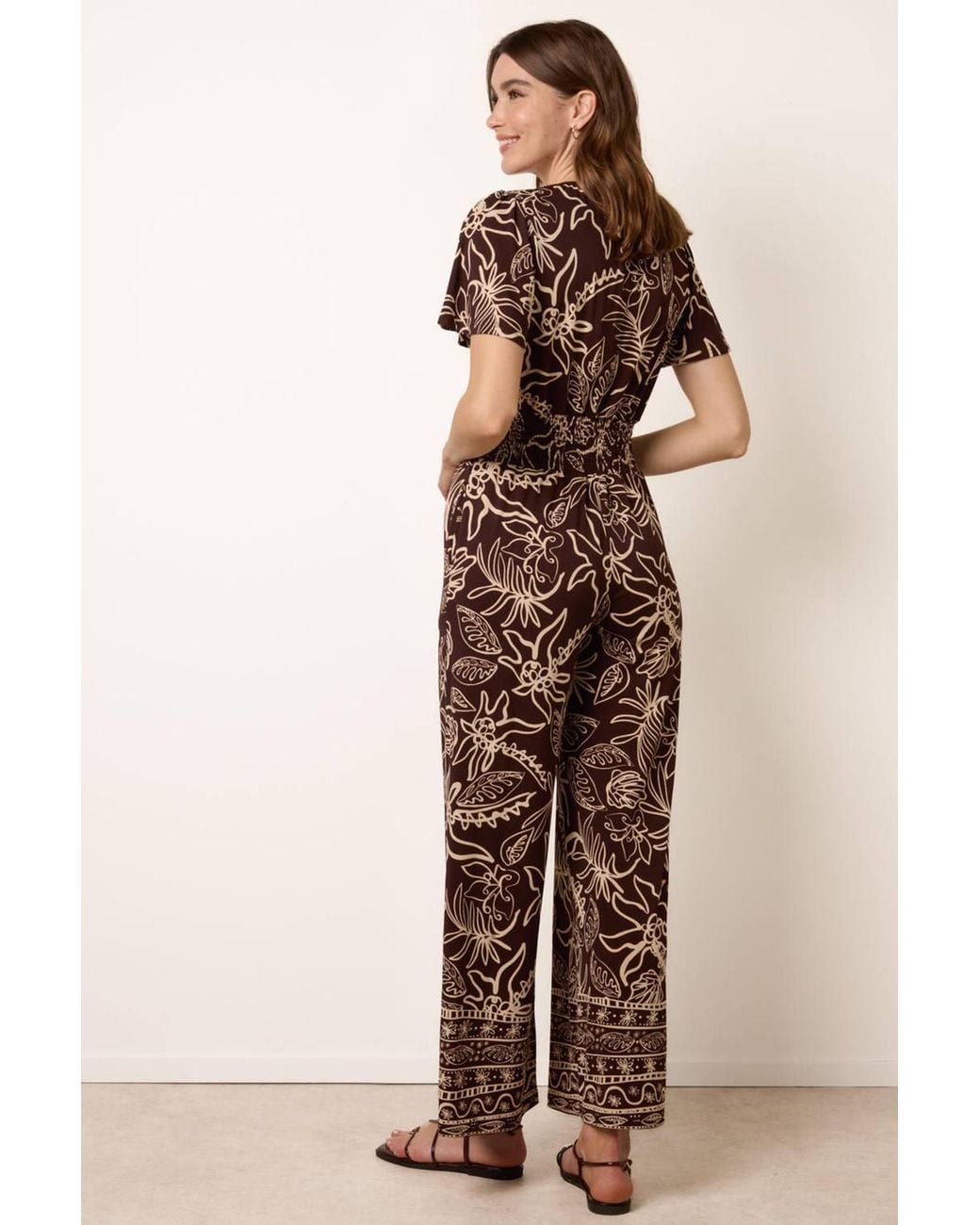 Blue Vanilla Natural Tropical Print Shirred Waist Elasticated V-Neck Jumpsuit