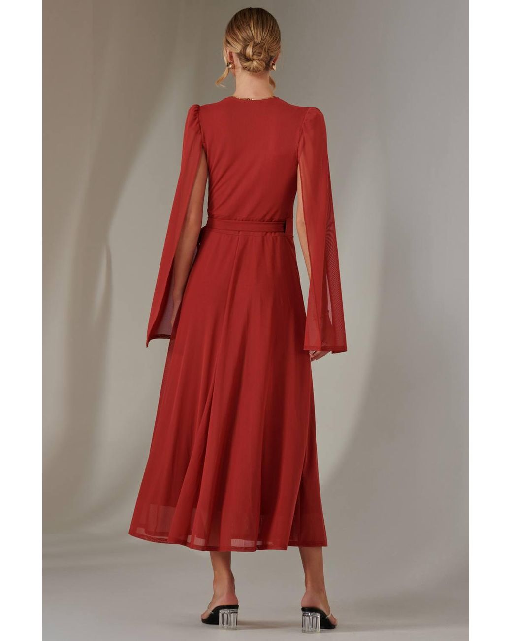 Jolie Moi Red Cape Sleeve Wrap Maxi Dress