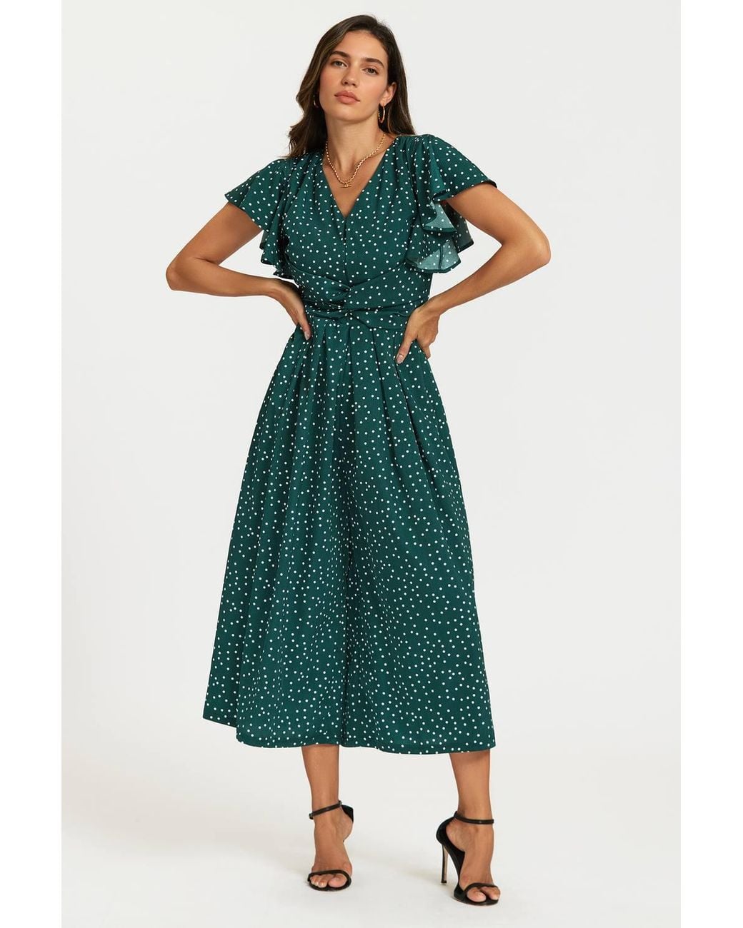 FS Collection Green Polka Dot Angel Sleeve Twist Jumpsuit