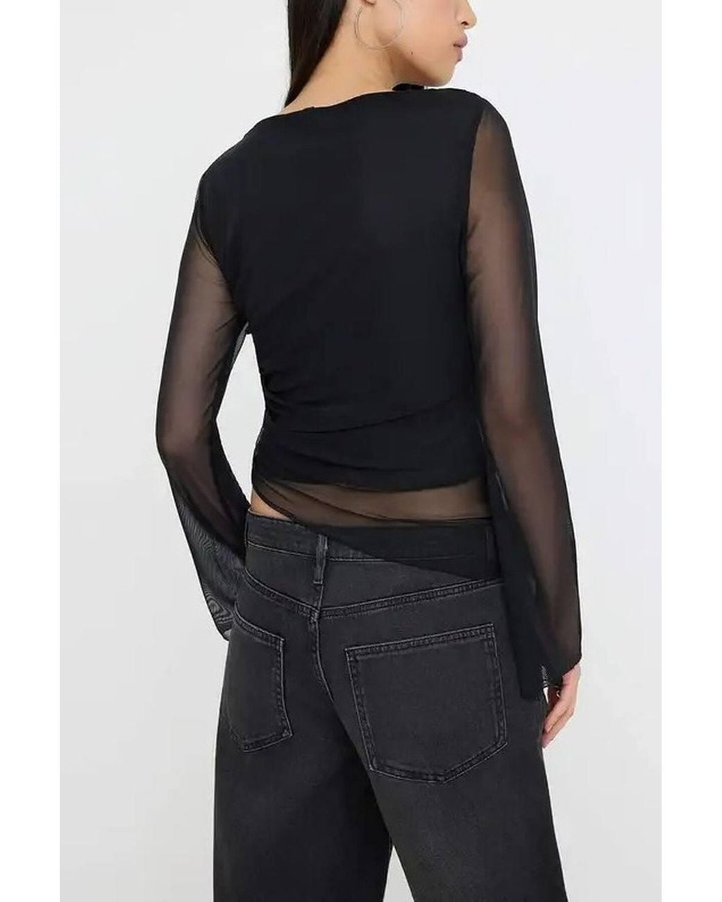WOVCOR Black Shawl Print Boat Neck Asymmetric Detail Fitted Long Sleeve Mesh Blouse