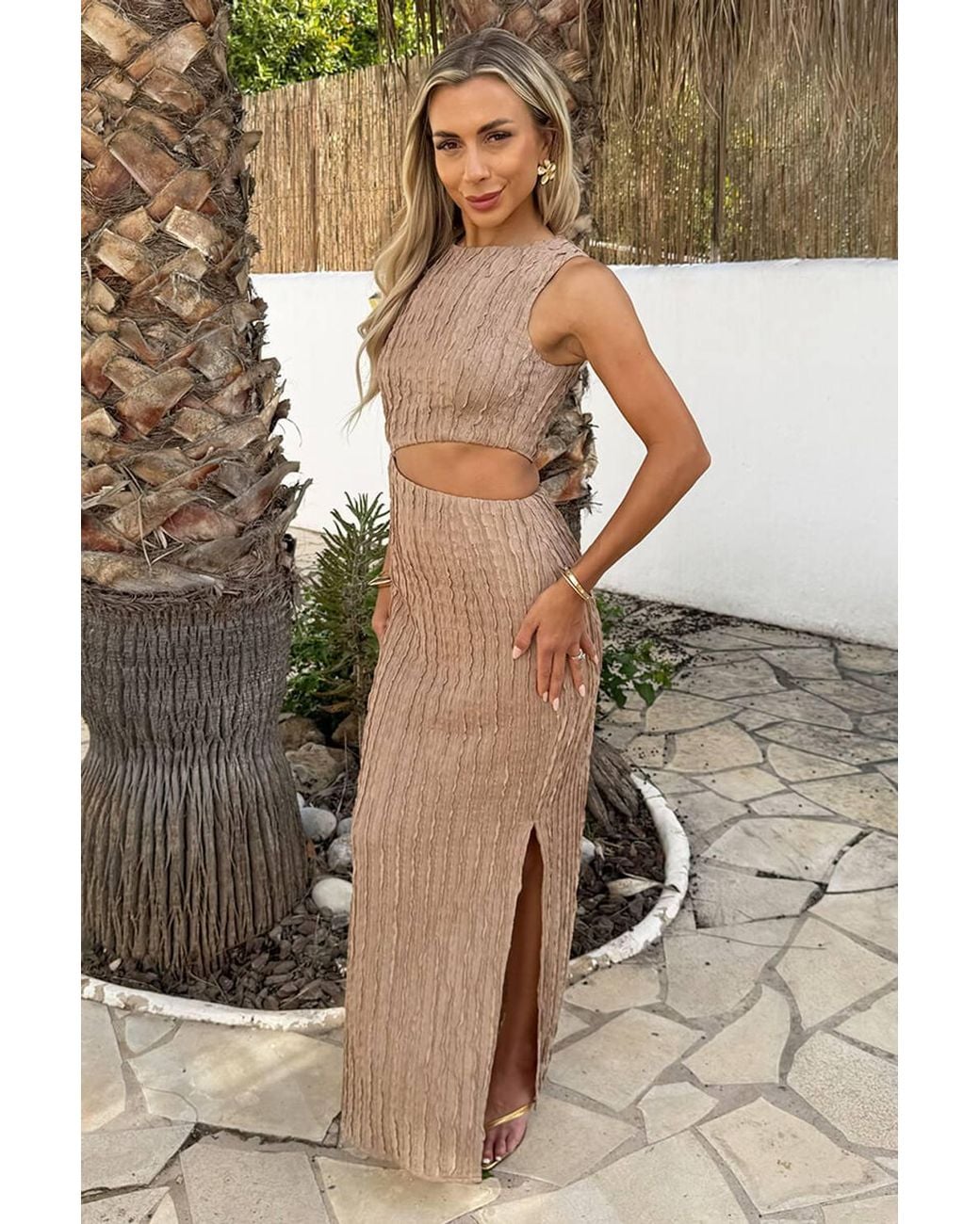 AX Paris Black Mocha Textured Side Waist Cut Out Midi Dress