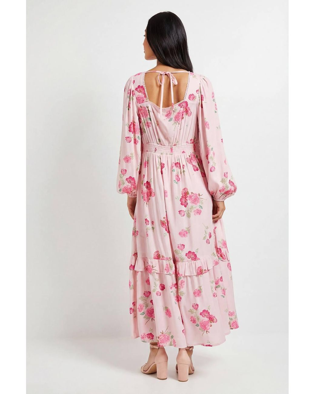 Dorothy Perkins Pink Petite Sweetheart Neck Frill Tier Detail Long Sleeve Maxi Dress