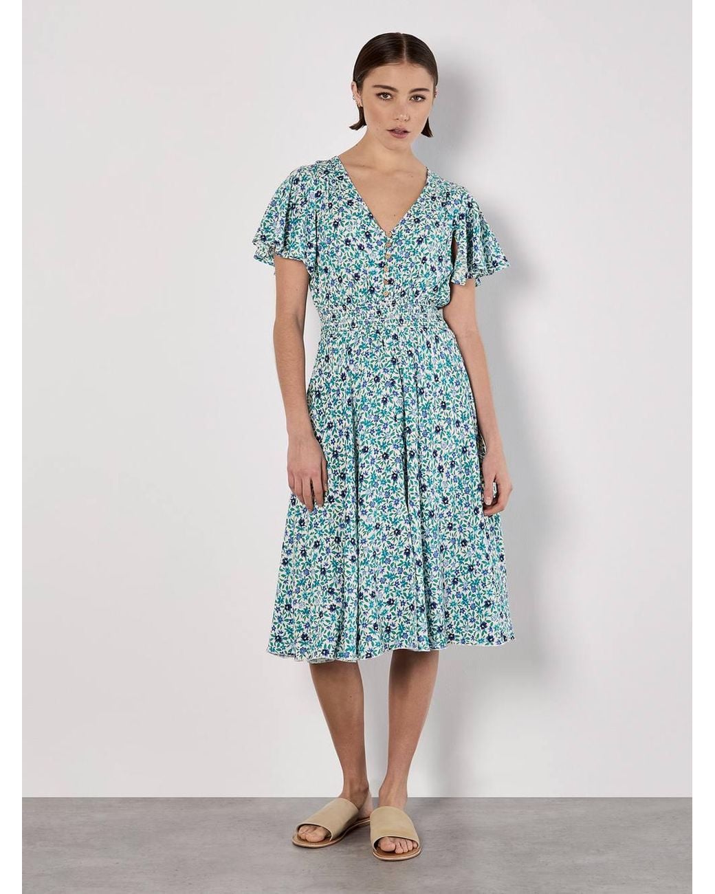 Apricot Blue Watercolour Floral Midi Dress