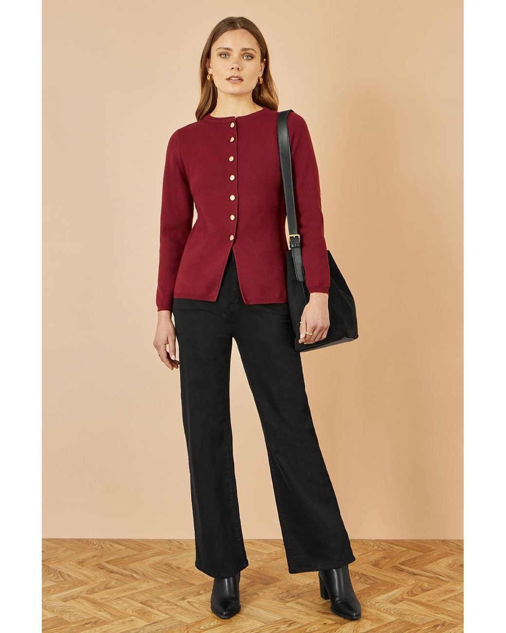 Yumi' Red Knitted Fitted Button Down Peplum Cardigan
