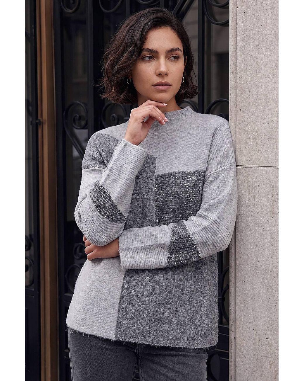 Roman Gray Colour Block Knit Jumper