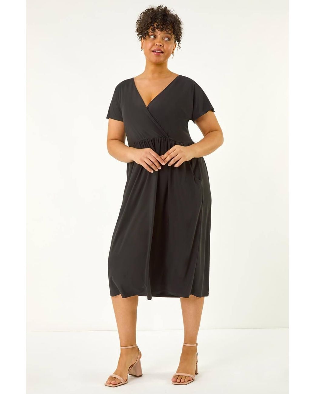 Roman Black Curve Wrap Front Stretch Dress
