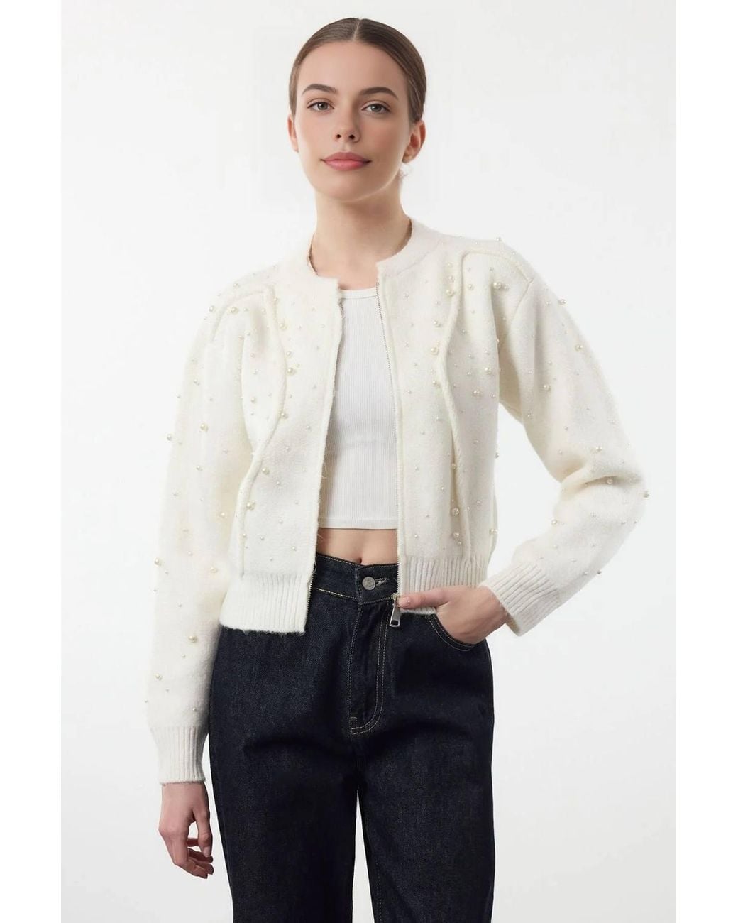WOVCOR White Textured Knit Zipper Cardigan W/ Stone Embellishment