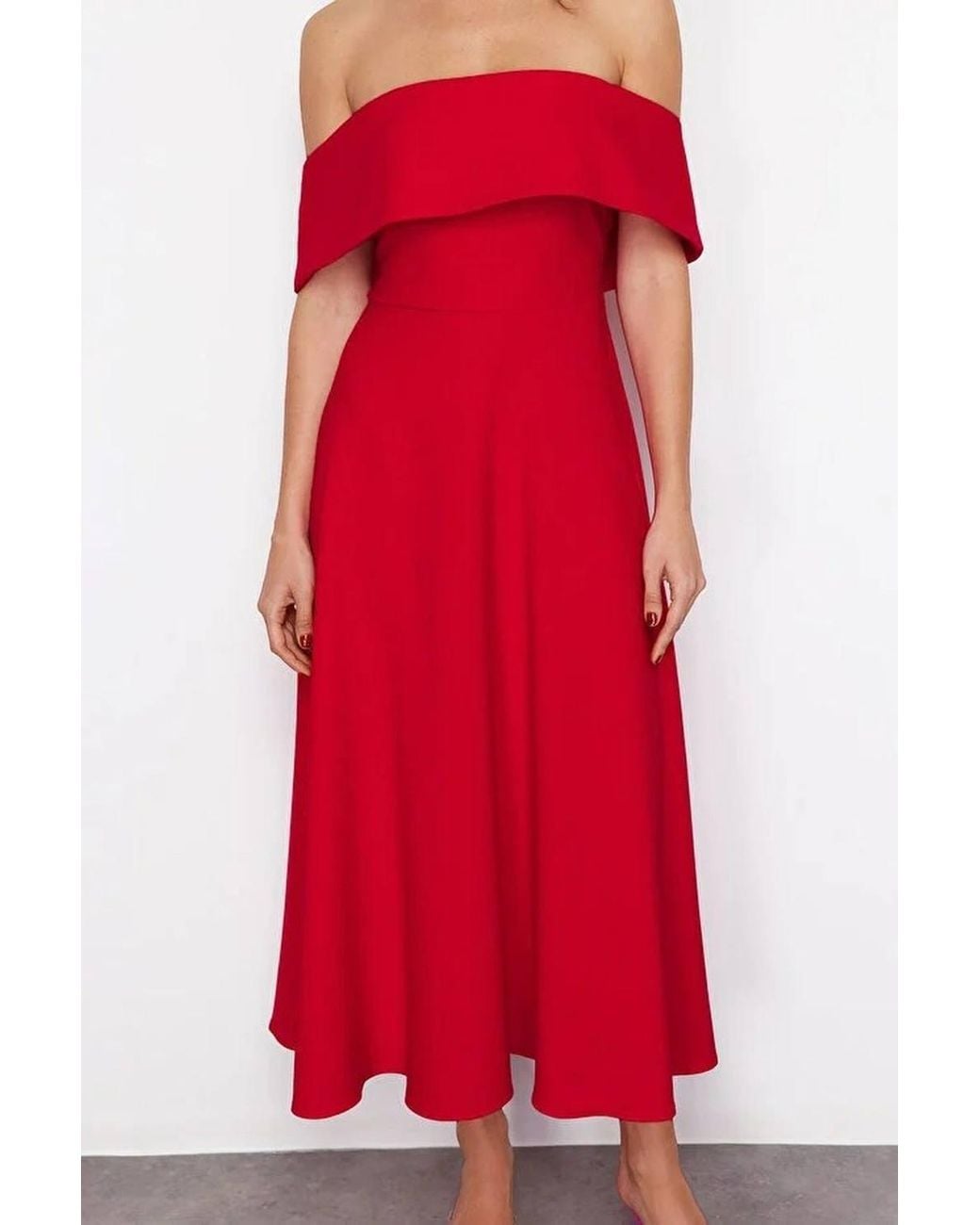 WOVCOR Red Off-Shoulder Midi Dress