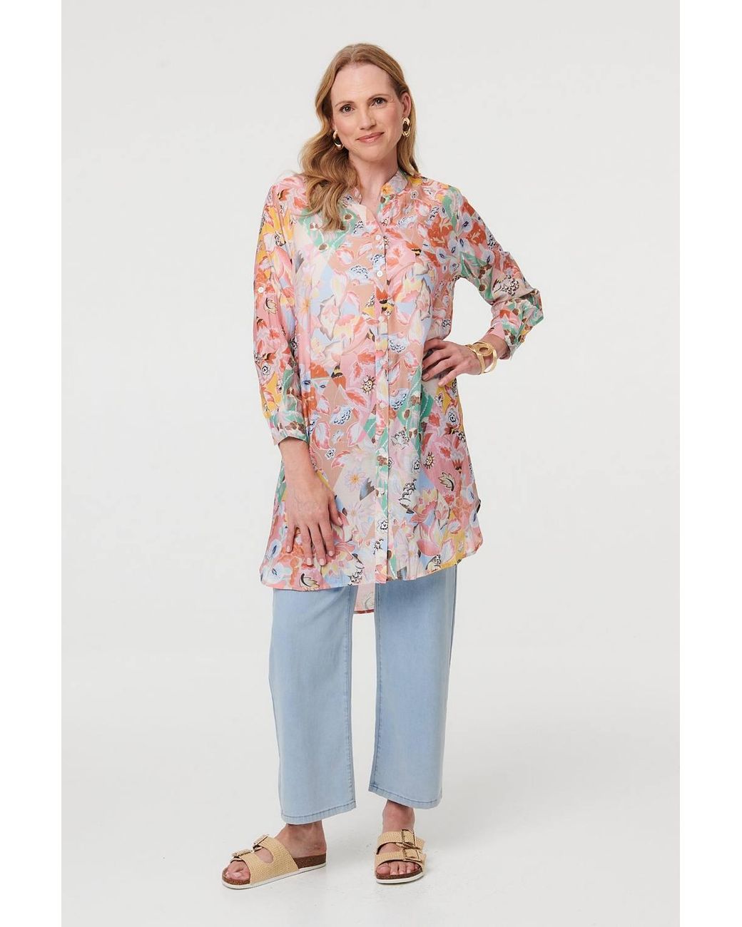 Izabel London Red Floral V-Neck Long Sleeve Longline Shirt