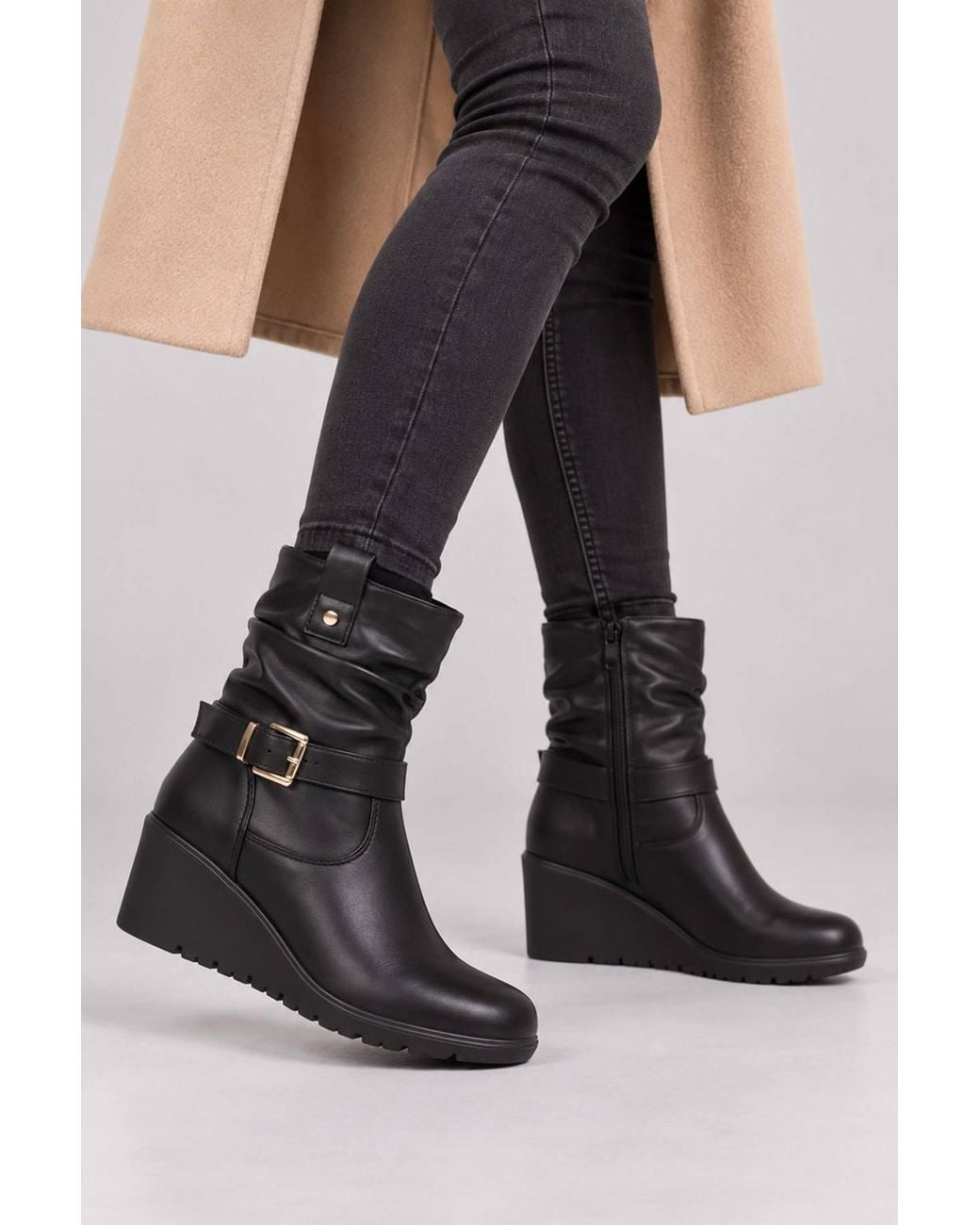 AJVANI Black Mid Wedge Heel Buckle Ankle Boots