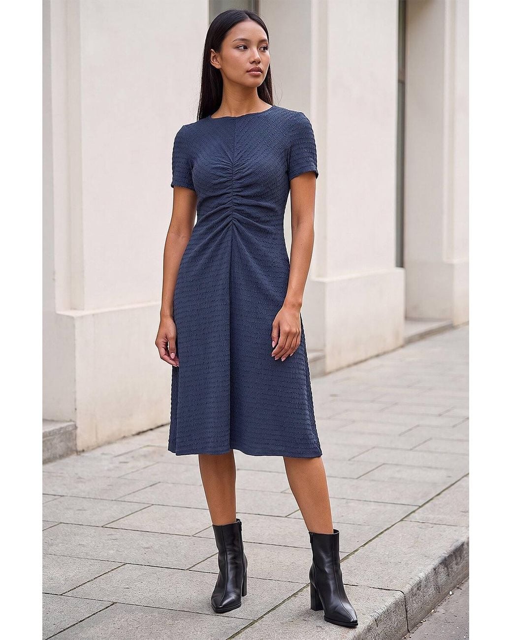 Roman Blue Petite Ruched Dress