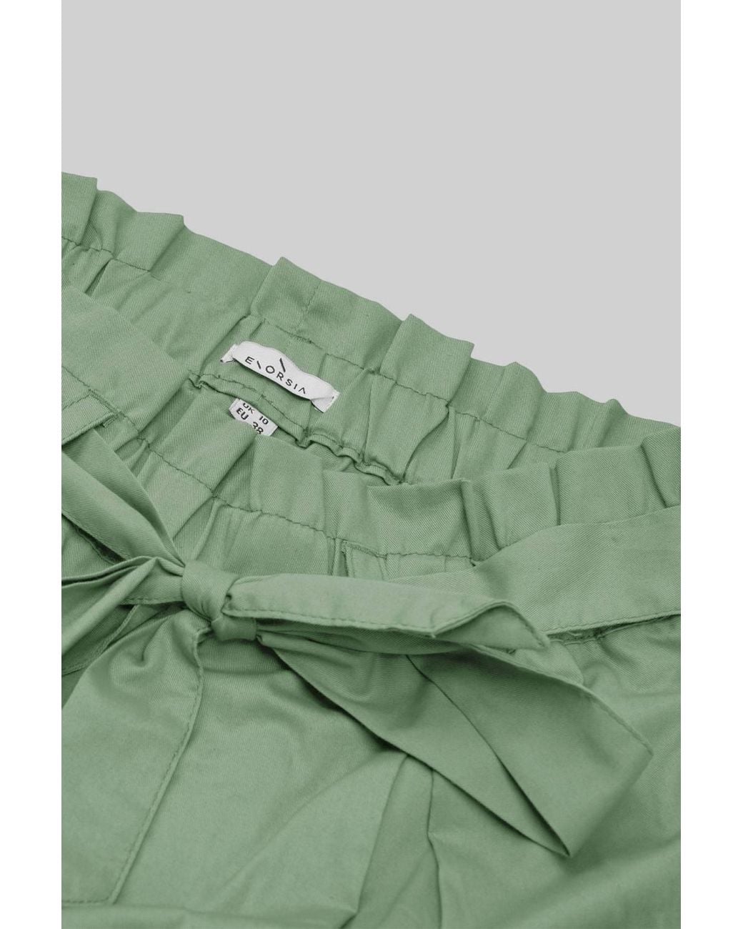 Enorsia Green Cotton Stretch Comfort Fit Paperbag Shorts