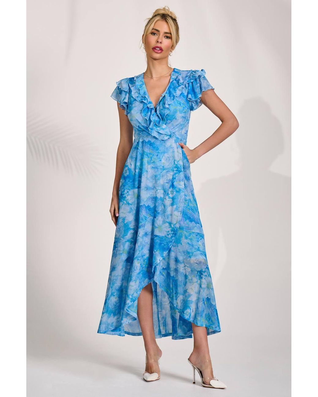 Jolie Moi Blue Ruffled Mesh Maxi Dress
