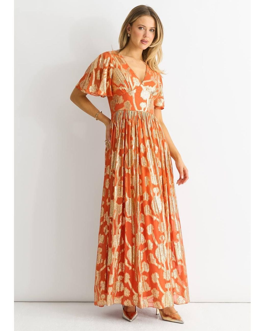 Gini London Orange Metallic Jacquard Flutter Sleeves Maxi Dress