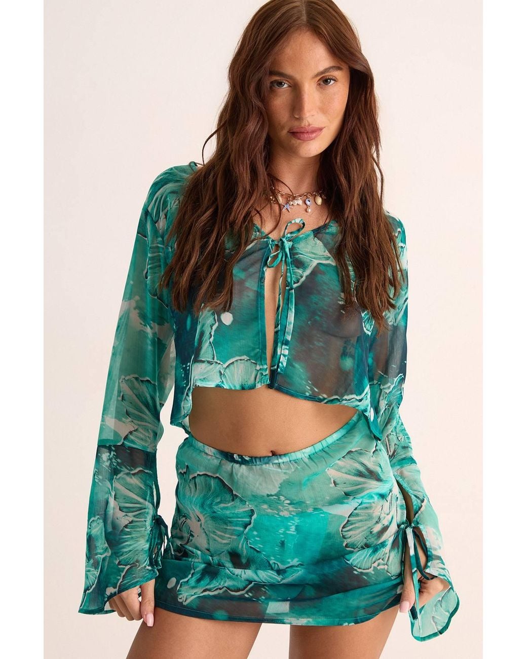 Nasty Gal Blue Floral Tie Dye Tie Front Beach Top