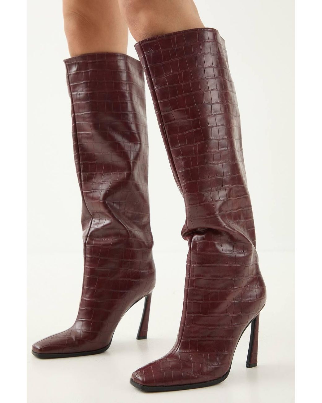 MissPap Faux Croc Leather High Flared Stiletto Heel Knee Boots