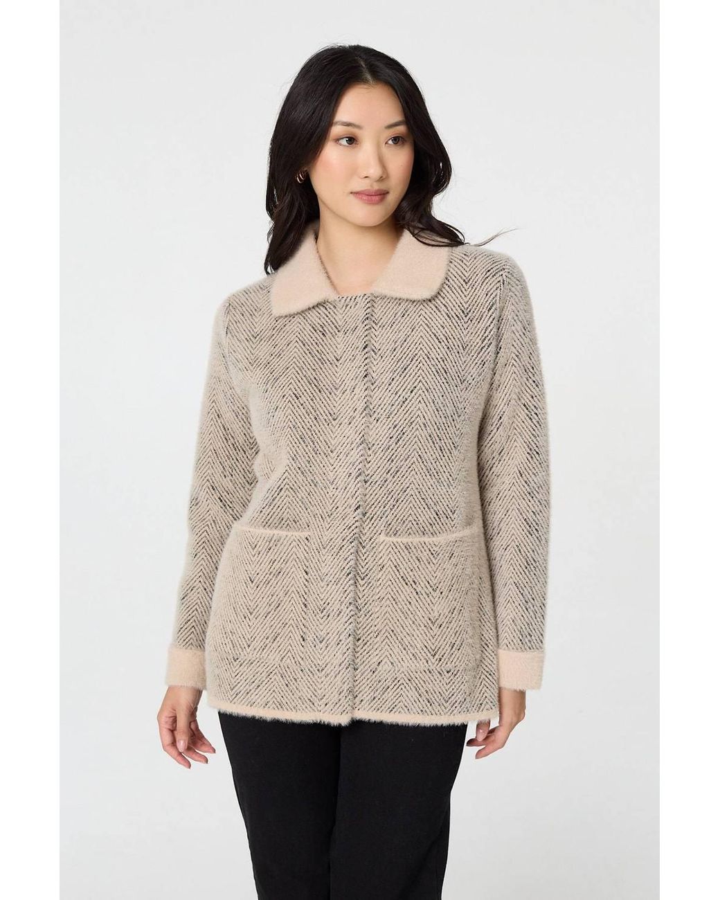 Izabel London Natural Chevron Texture Faux Fur Boxy Jacket