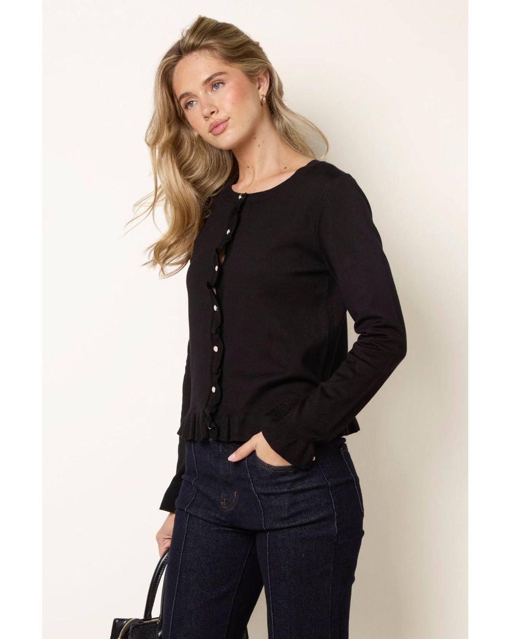 Blue Vanilla Black Long Sleeve Button Up Round Neck Cardigan