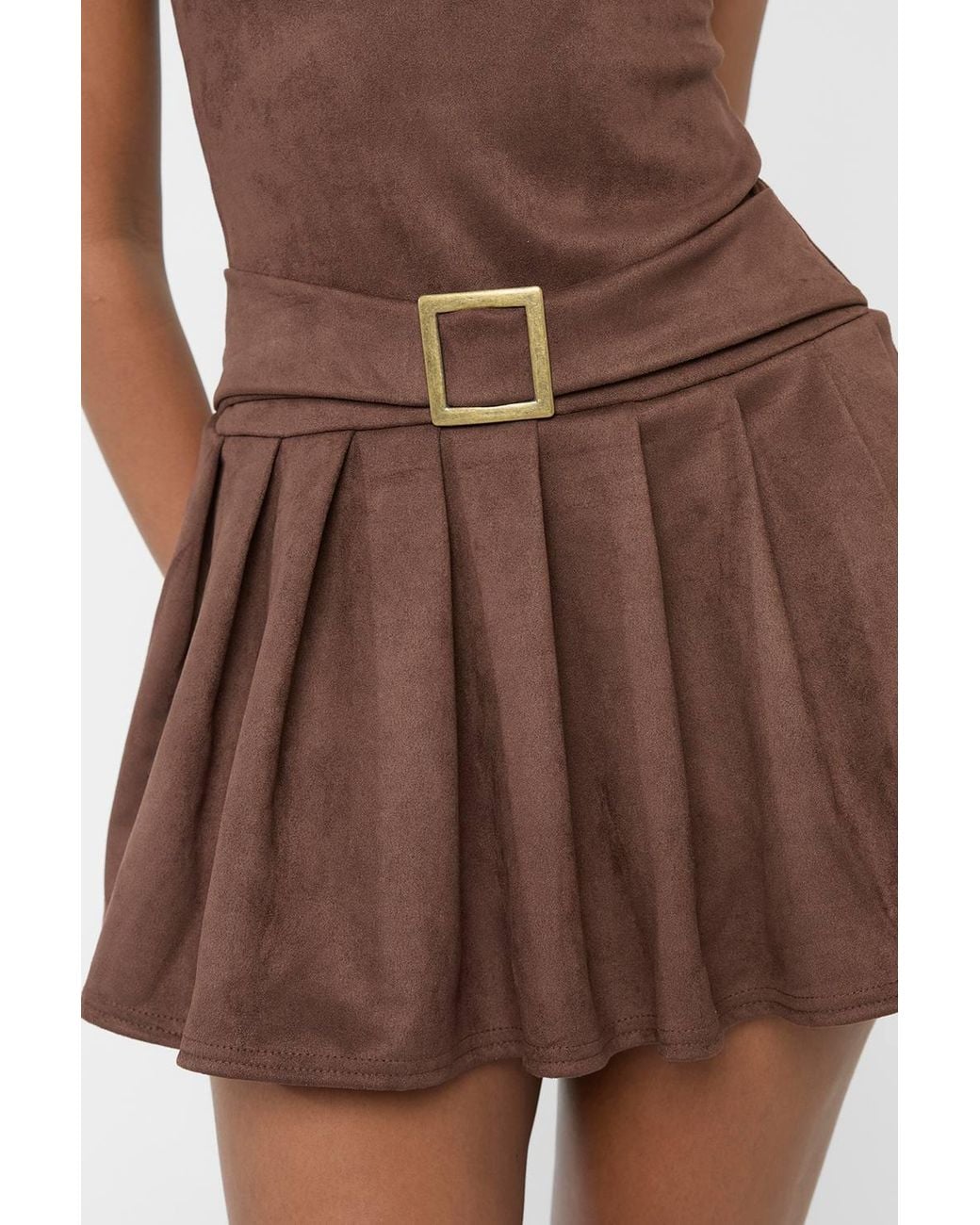 Public Desire Brown Suedette Buckle Detail Pleated Mini Dress