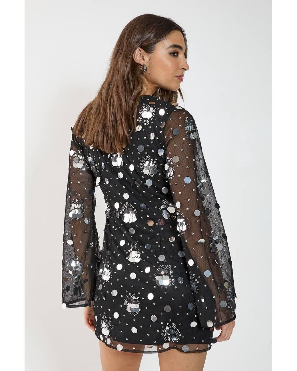Nasty Gal Black Disc Cluster Embellished Lace Up Fluted Sleeve Mini Dress