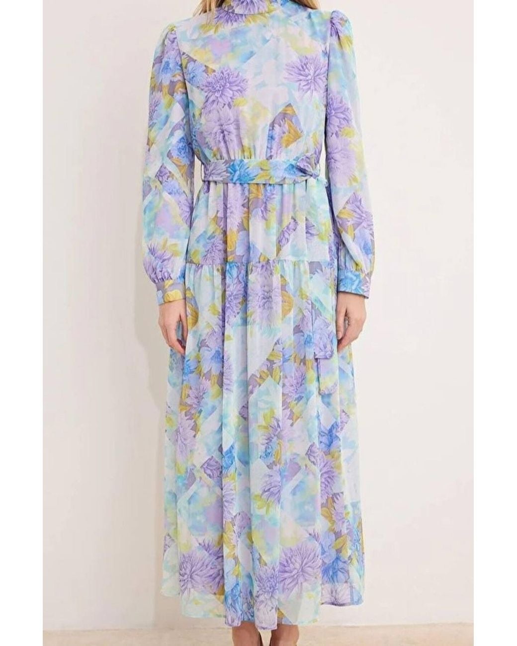 WOVCOR Blue Floral Print Belted Midaxi Chiffon Dress W/ Ruffles