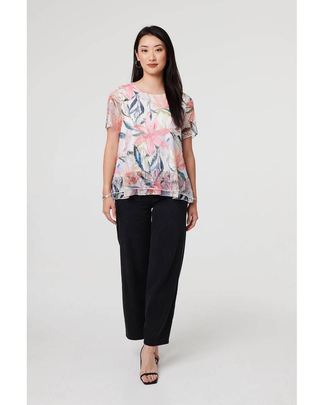 Izabel London White Floral Short Sleeve Mesh Layered Top