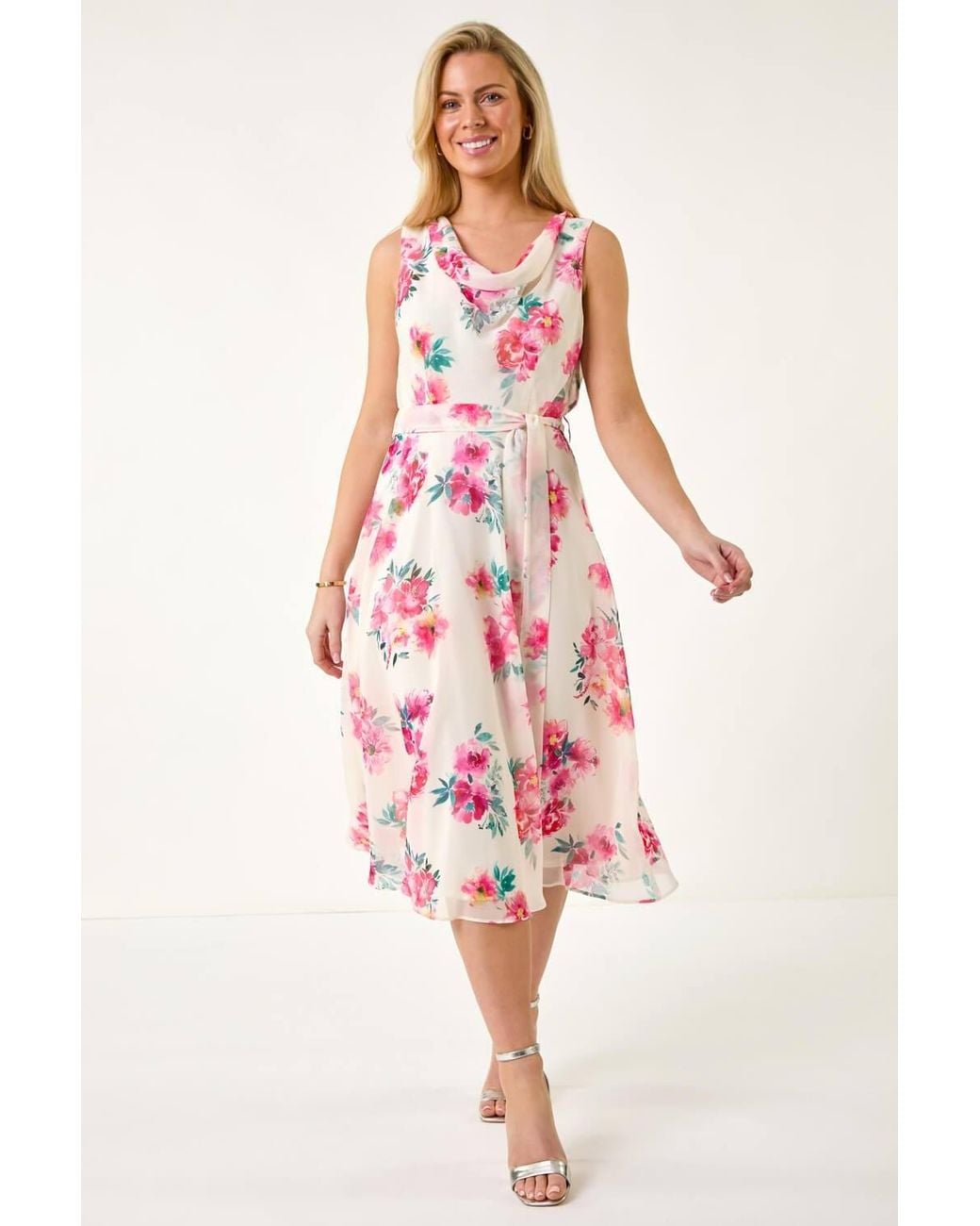 Roman Pink Petite Floral Cowl Neck Midi Dress