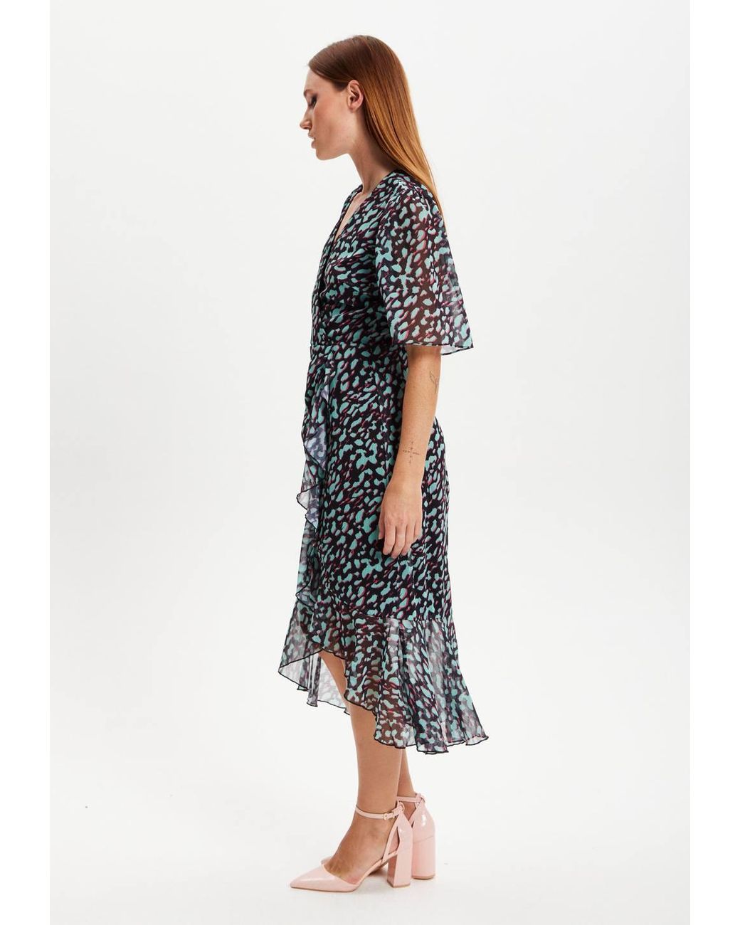 Liquorish Blue Animal Print Organza Double Breasted Midi Dress