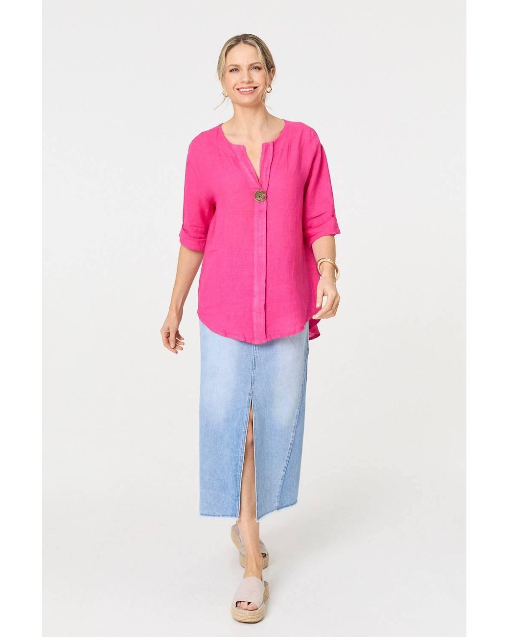 Izabel London Pink Button Detail 1/2 Sleeve V-Neck Blouse