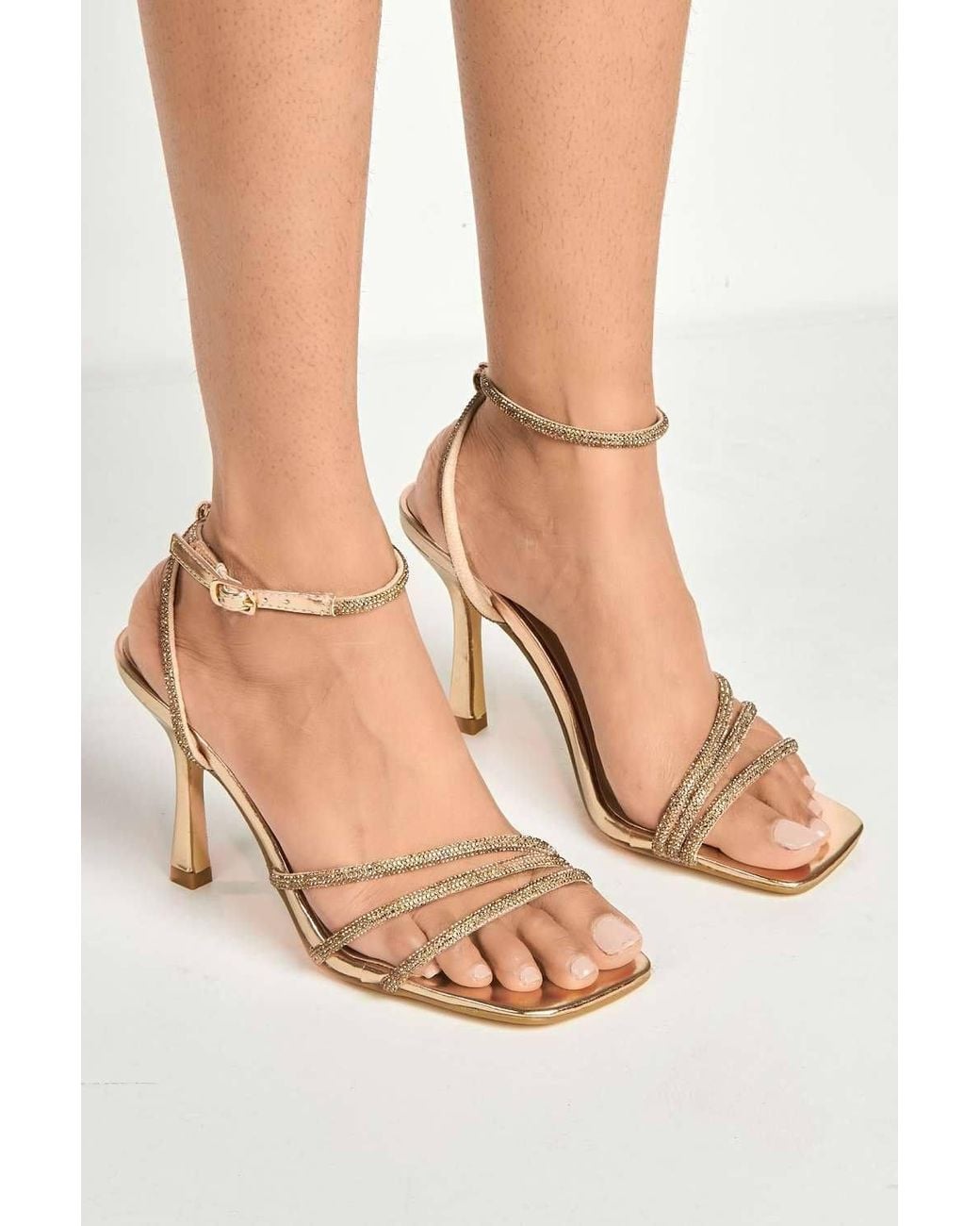 Miss Diva Metallic Camina Diamante Embellished 3 Strap Heeled Sandals