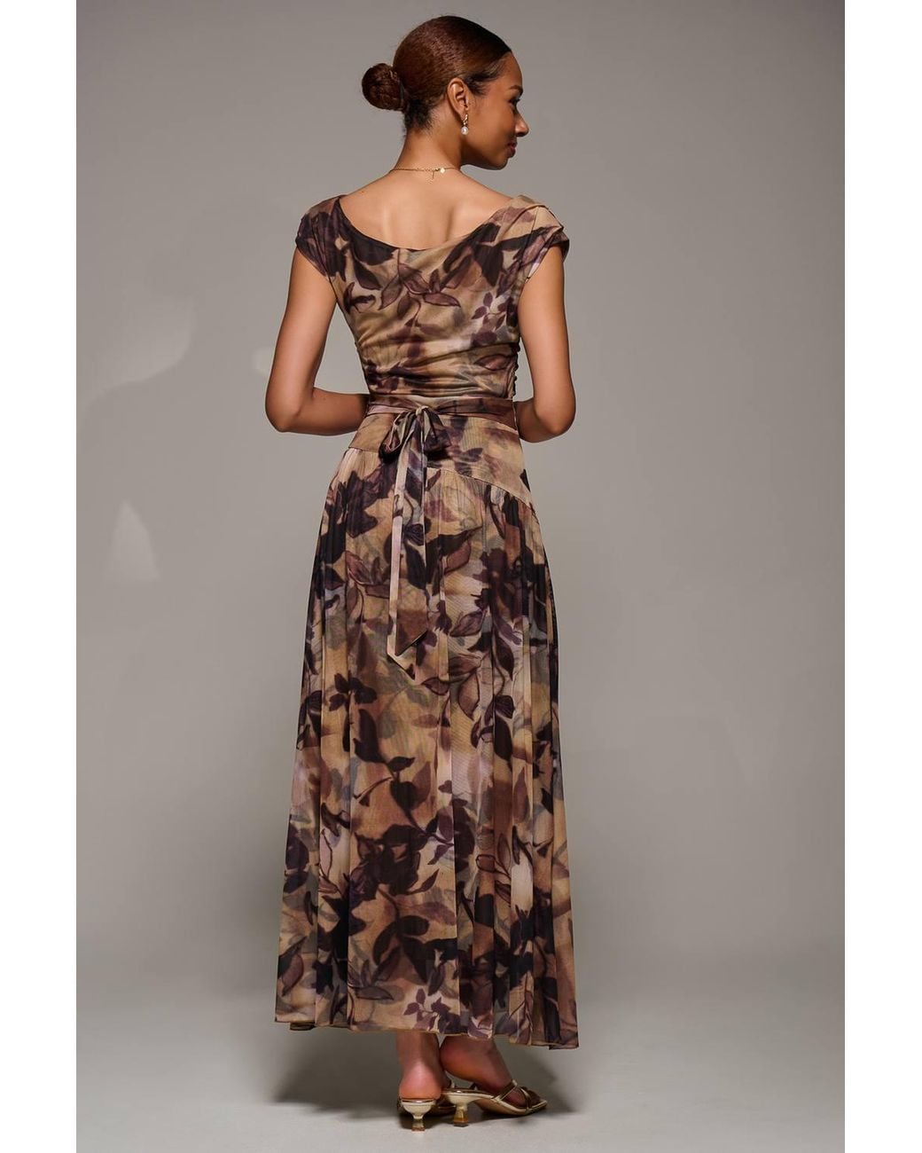 Jolie Moi Brown Asymmetric Draped Mesh Maxi Dress