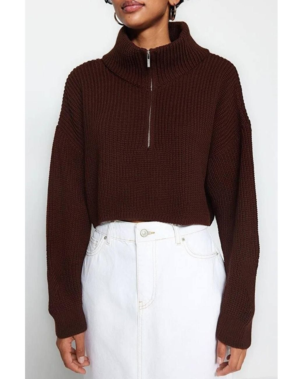 WOVCOR Brown Super Crop Knit Sweater W/ Zipper Detail