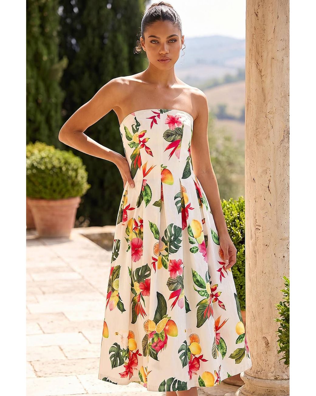 Roman Yellow Petite Bandeau Tropical Print Midi Dress