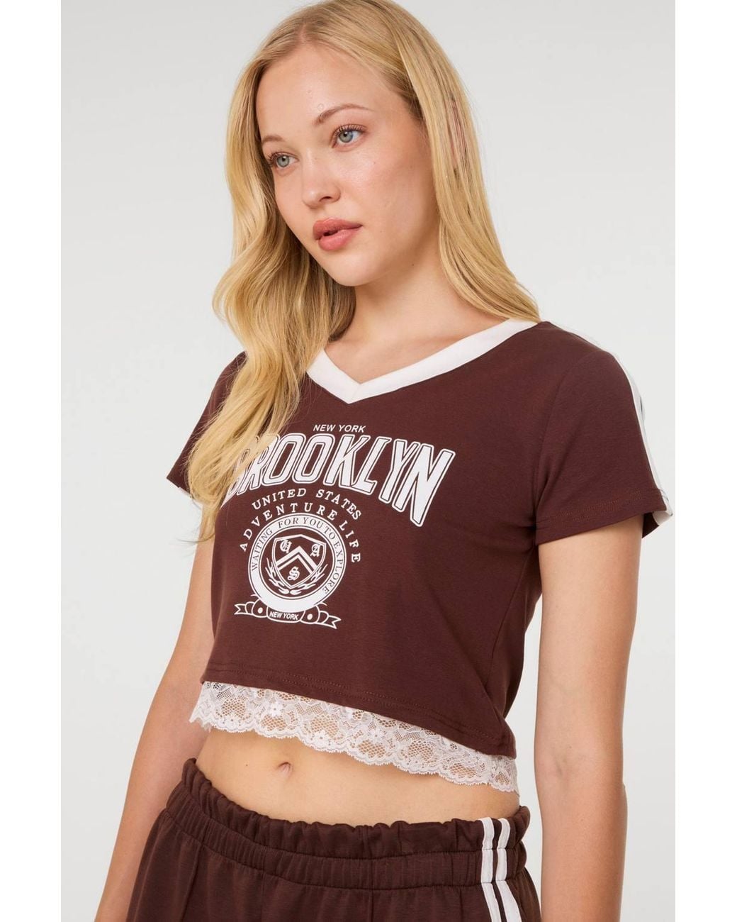 Pink Vanilla Brown Brooklyn V-Neck Lace Hem T-Shirt