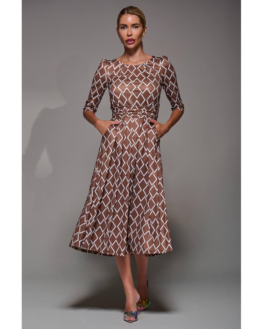 Jolie Moi Brown Three Quarter Sleeve Jersey Midi Dress